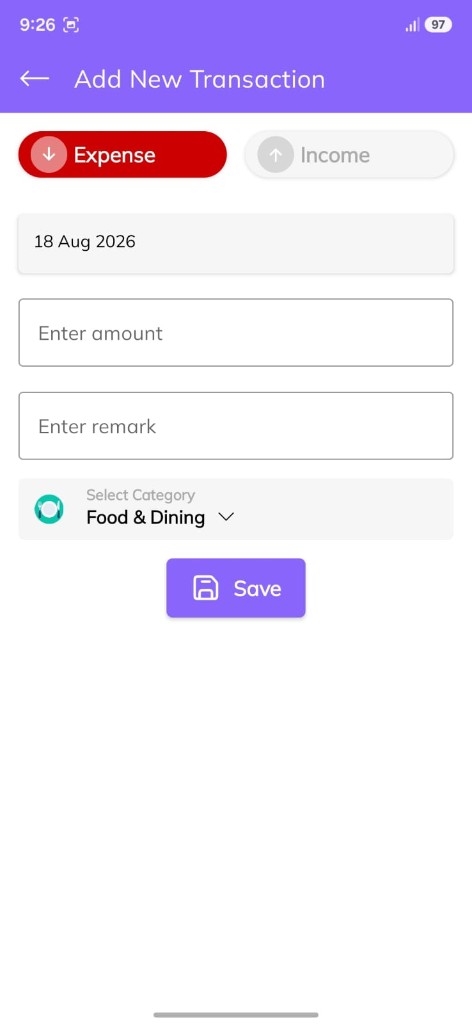 Add income or expense in an expense tracker app for students in India